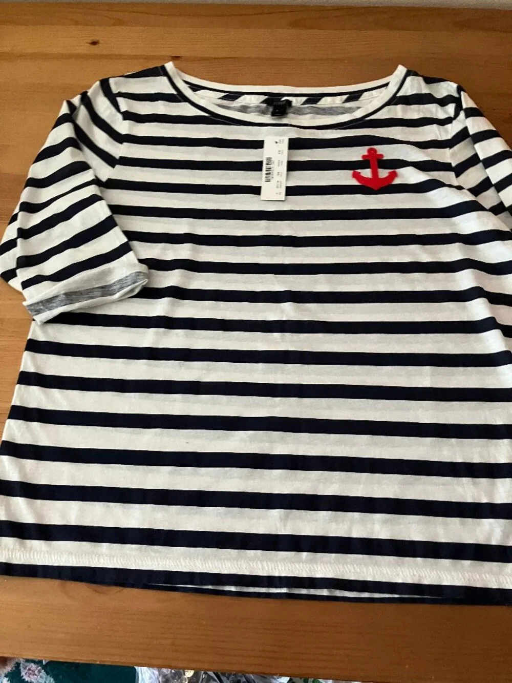 J.CREW Navy Blue/White striped T-shirt red anchor patch Cotton Boatneck Sz S
